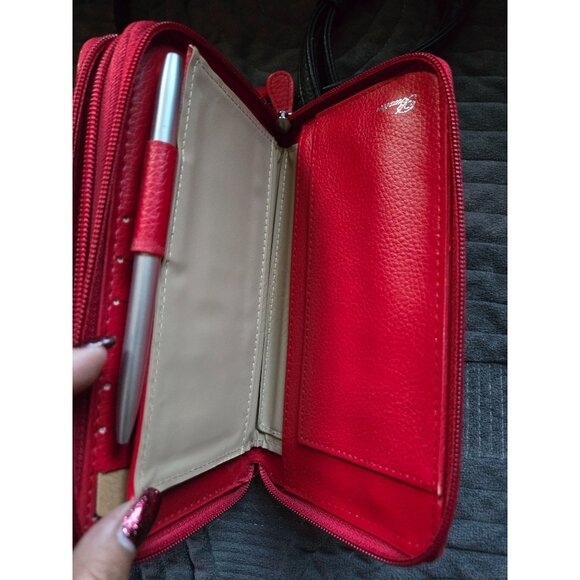 Buxton Red Vegan Leather Zip Around RFID Wallet w/Black Strap - Picture 6 of 9